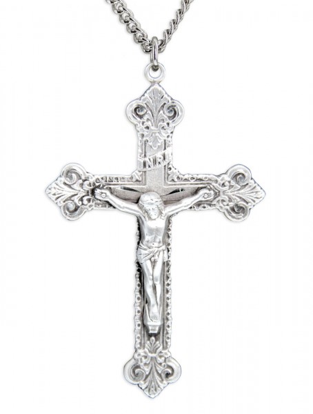Men's Large Budded Edge Crucifix Pendant - Sterling Silver