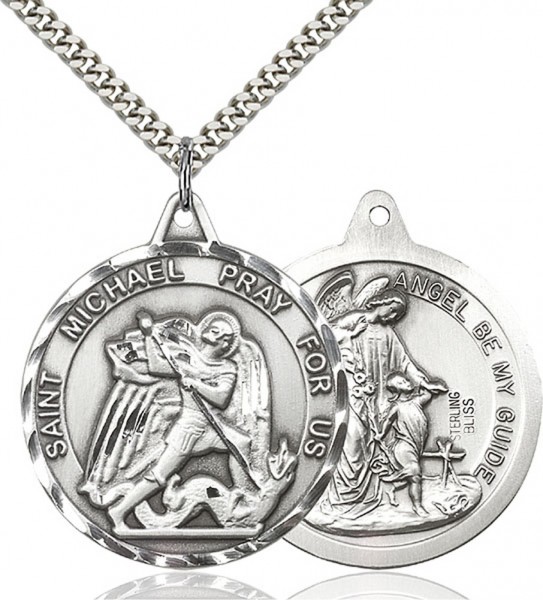 Men's Large Round Double-sided St. Michael Guardian Angel Medal - Sterling Silver