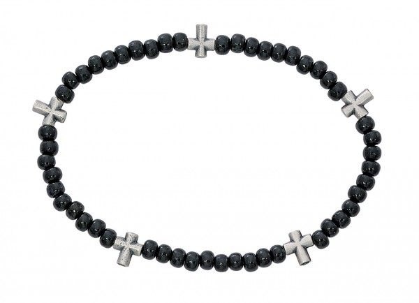 Men's Stretch Rosary Bracelet with Alternating Cross and 5mm Black Wood Beads 8&quot; - Brown