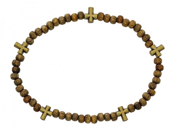 Men's Stretch Rosary Bracelet with Alternating Cross and 5mm Light Brow Wood Beads 8&quot; - Brown