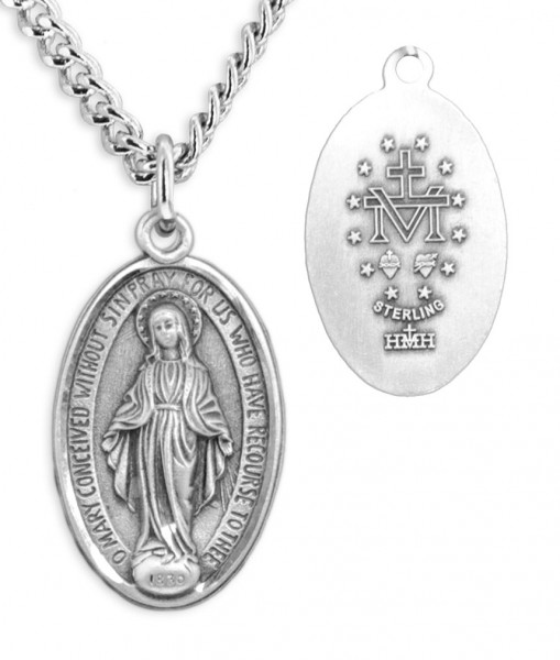 Men's Thin Border Miraculous Medal with Chain - Sterling Silver