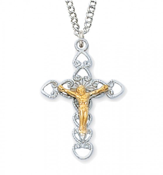 Open Cut Elegant Crucifix Pendant - Two-Tone Silver