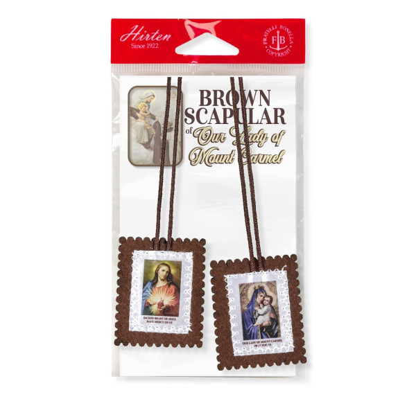 Our Lady of Mount Carmel and Sacred Heart of Jesus Brown Felt Scapular - Brown