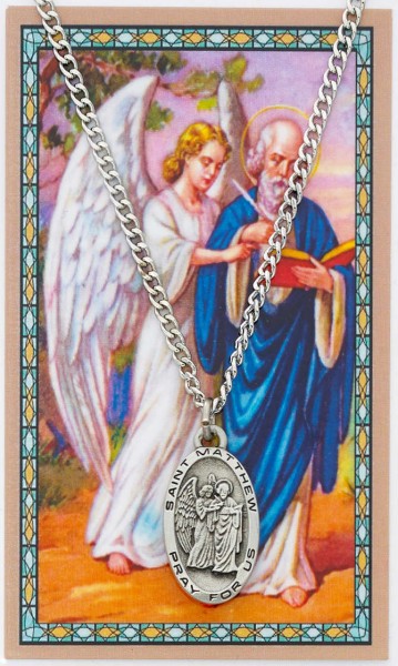 Oval St. Matthew Medal and Prayer Card - Silver tone