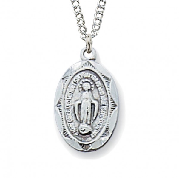 Child Size Oval Miraculous Medal with Scalloped Edge - Silver