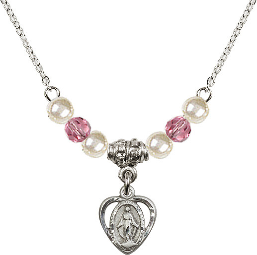 Pearl and Rose Beads Miraculous Medal Necklace - Sterling Silver