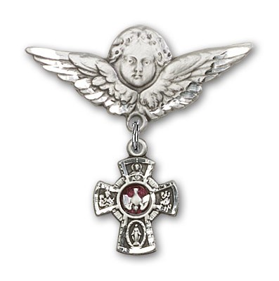 Pin Badge with Red 5-Way Charm and Angel with Larger Wings Badge Pin - Silver | Red