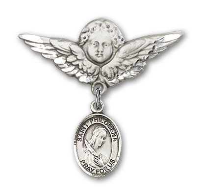 Pin Badge with St. Philomena Charm and Angel with Larger Wings Badge Pin - Silver tone