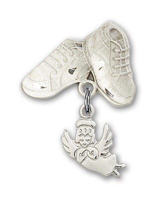Baby Pin with Guardian Angel Charm and Baby Boots Pin - Silver tone
