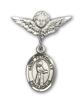Pin Badge with St. Petronille Charm and Angel with Smaller Wings Badge Pin - Silver tone