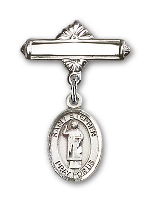 Pin Badge with St. Stephen the Martyr Charm and Polished Engravable Badge Pin - Silver tone