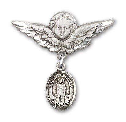 Pin Badge with St. Barnabas Charm and Angel with Larger Wings Badge Pin - Silver tone