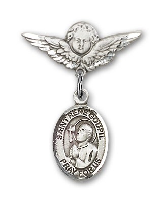 Pin Badge with St. Rene Goupil Charm and Angel with Smaller Wings Badge Pin - Silver tone