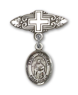 Pin Badge with St. Deborah Charm and Badge Pin with Cross - Silver tone