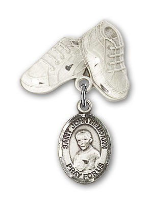 Pin Badge with St. John Neumann Charm and Baby Boots Pin - Silver tone