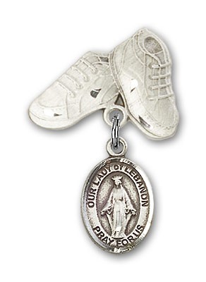 Baby Badge with Our Lady of Lebanon Charm and Baby Boots Pin - Silver tone