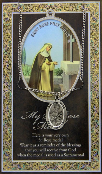 St. Rose of Lima Medal in Pewter with Bi-Fold Prayer Card - Silver tone