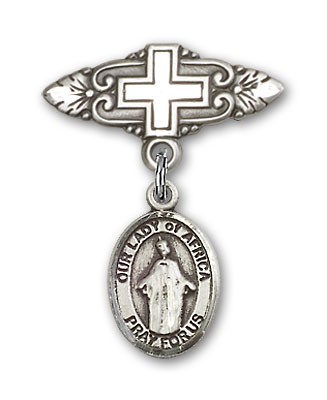 Pin Badge with Our Lady of Africa Charm and Badge Pin with Cross - Silver tone