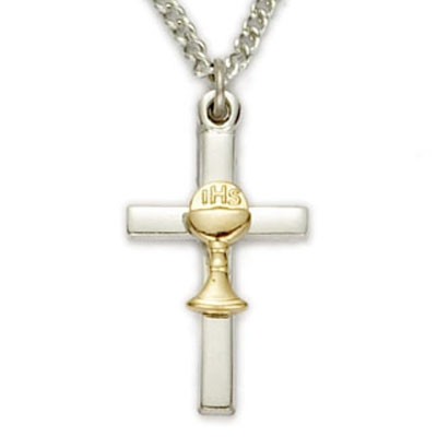 First Communion Sterling Silver Cross Pendant with Gold Chalice   - Two-Tone