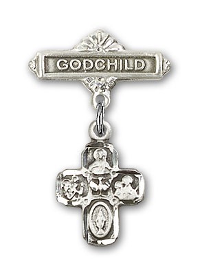 Baby Badge with 4-Way Charm and Godchild Badge Pin - Silver tone
