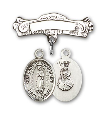Pin Badge with Our Lady of Guadalupe Charm and Arched Polished Engravable Badge Pin - Silver tone