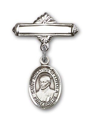 Pin Badge with St. Ignatius Charm and Polished Engravable Badge Pin - Silver tone