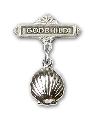 Baby Pin with Shell Charm and Godchild Badge Pin - Silver tone