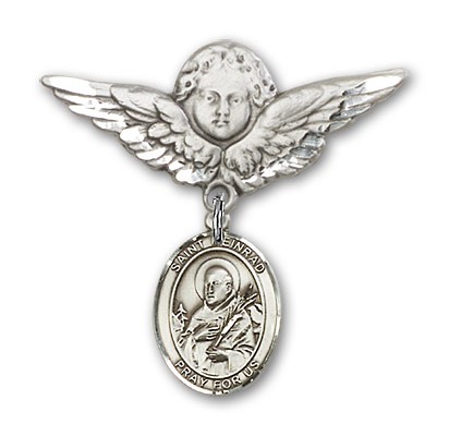 Pin Badge with St. Meinrad of Einsideln Charm and Angel with Larger Wings Badge Pin - Silver tone