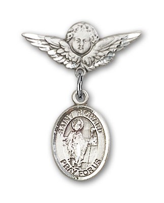 Pin Badge with St. Richard Charm and Angel with Smaller Wings Badge Pin - Silver tone