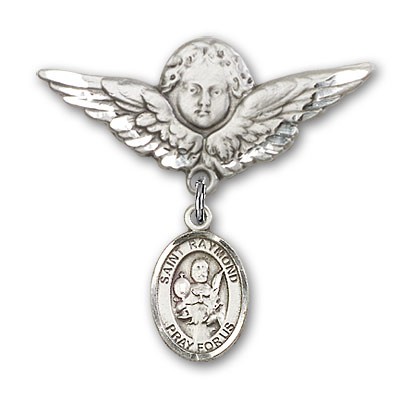 Pin Badge with St. Raymond Nonnatus Charm and Angel with Larger Wings Badge Pin - Silver tone