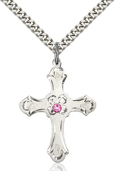 Budded Cross Pendant with Etched Border Birthstone Options - Rose