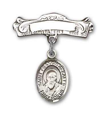 Pin Badge with St. Francis de Sales Charm and Arched Polished Engravable Badge Pin - Silver tone