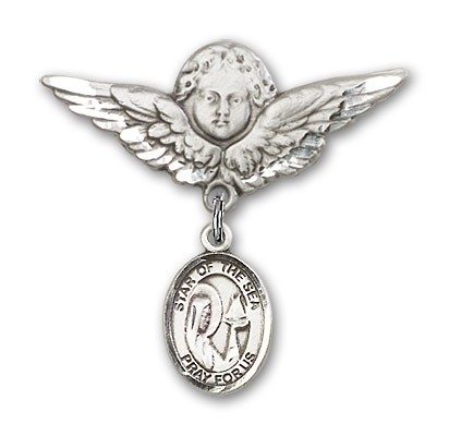 Pin Badge with Our Lady Star of the Sea Charm and Angel with Larger Wings Badge Pin - Silver tone