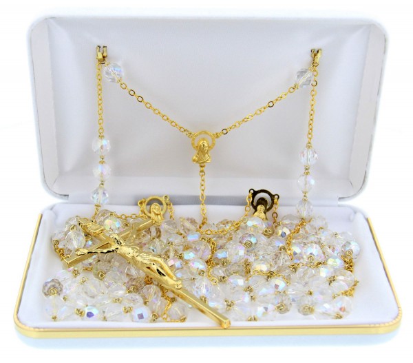 Gold Tone Crystal Bead Lasso Wedding Rosary - With Deluxe Box