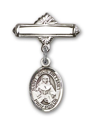 Pin Badge with St. Julie Billiart Charm and Polished Engravable Badge Pin - Silver tone