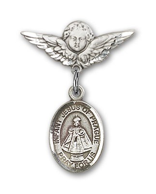 Pin Badge with Infant of Prague Charm and Angel with Smaller Wings Badge Pin - Silver tone