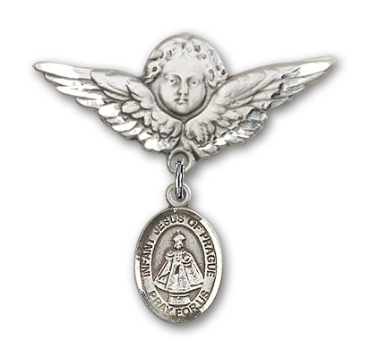 Pin Badge with Infant of Prague Charm and Angel with Larger Wings Badge Pin - Silver tone