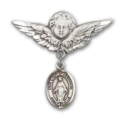 Pin Badge with Our Lady of Lebanon Charm and Angel with Larger Wings Badge Pin - Silver tone