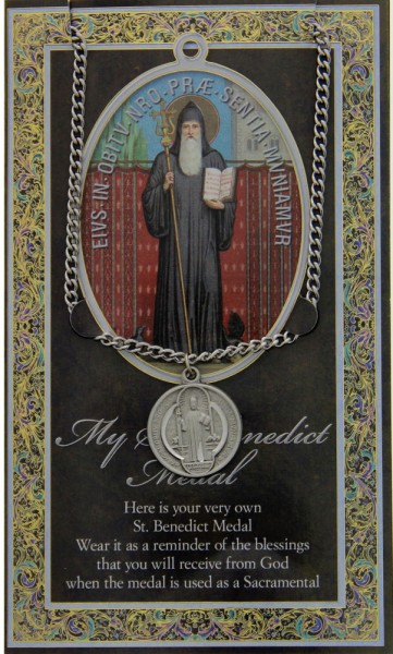 St. Benedict Medal in Pewter with Bi-Fold Prayer Card - Silver tone