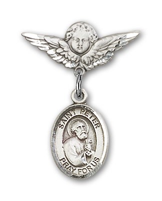 Pin Badge with St. Peter the Apostle Charm and Angel with Smaller Wings Badge Pin - Silver tone
