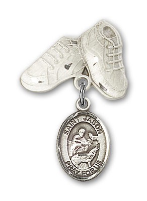 Pin Badge with St. Jason Charm and Baby Boots Pin - Silver tone