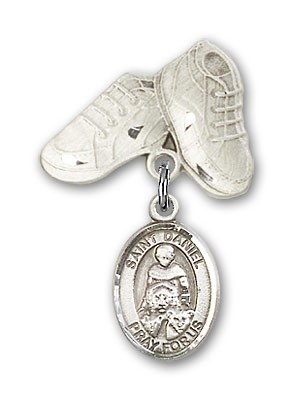Pin Badge with St. Daniel Charm and Baby Boots Pin - Silver tone
