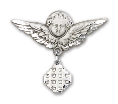 Pin Badge with Jerusalem Cross Charm and Angel with Larger Wings Badge Pin - Silver tone