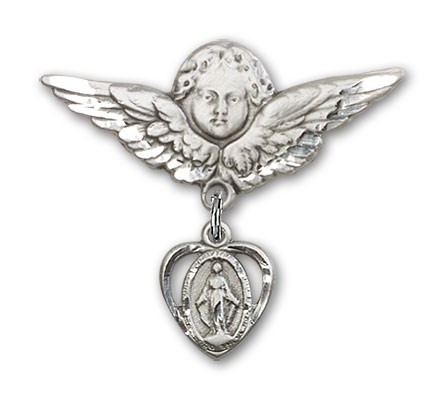 Pin Badge with Miraculous Charm and Angel with Larger Wings Badge Pin - Silver tone