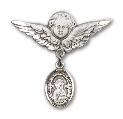 Pin Badge with Our Lady of Perpetual Help Charm and Angel with Larger Wings Badge Pin - Silver tone