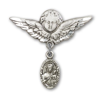 Pin Badge with Our Lady of Czestochowa Charm and Angel with Larger Wings Badge Pin - Silver tone