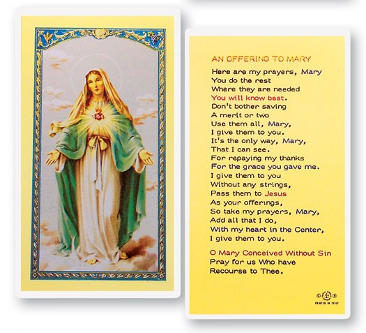 An Offering To Mary - Immaculate Heart of Mary Laminated Prayer Card - 25 Cards Per Pack .80 per card