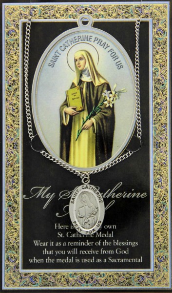 St. Catherine of Siena Medal in Pewter with Bi-Fold Prayer Card - Silver tone