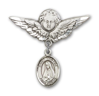 Pin Badge with St. Martha Charm and Angel with Larger Wings Badge Pin - Silver tone