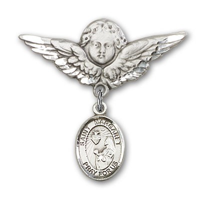 Pin Badge with St. Margaret Mary Alacoque Charm and Angel with Larger Wings Badge Pin - Silver tone